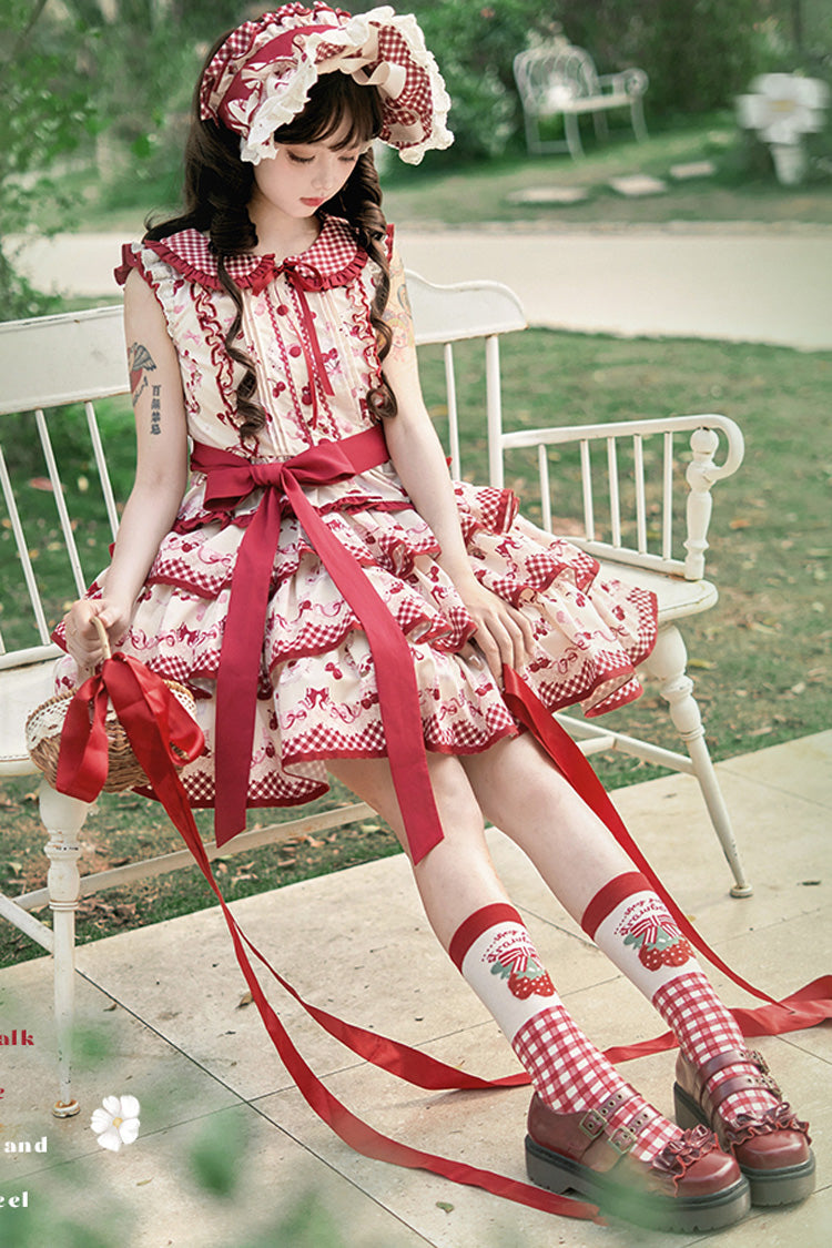 Red Triple-Layered [Cherries Are Ripe] Print Ruffle Sweet Lolita Skirt Set