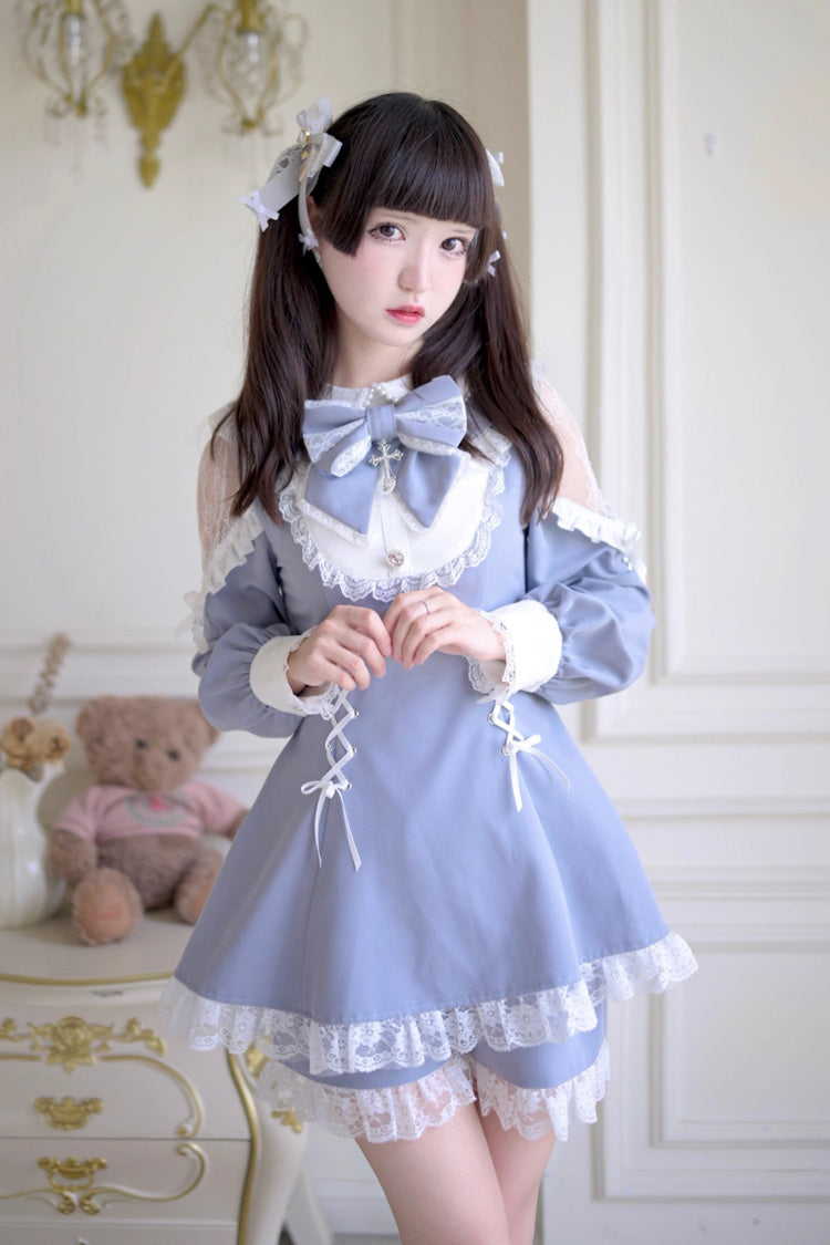 Grey/Blue [Divine love] Long Sleeves Hollow Bowknot Lace Lace-Up Sweet Jirai Kei Dress Shorts Set