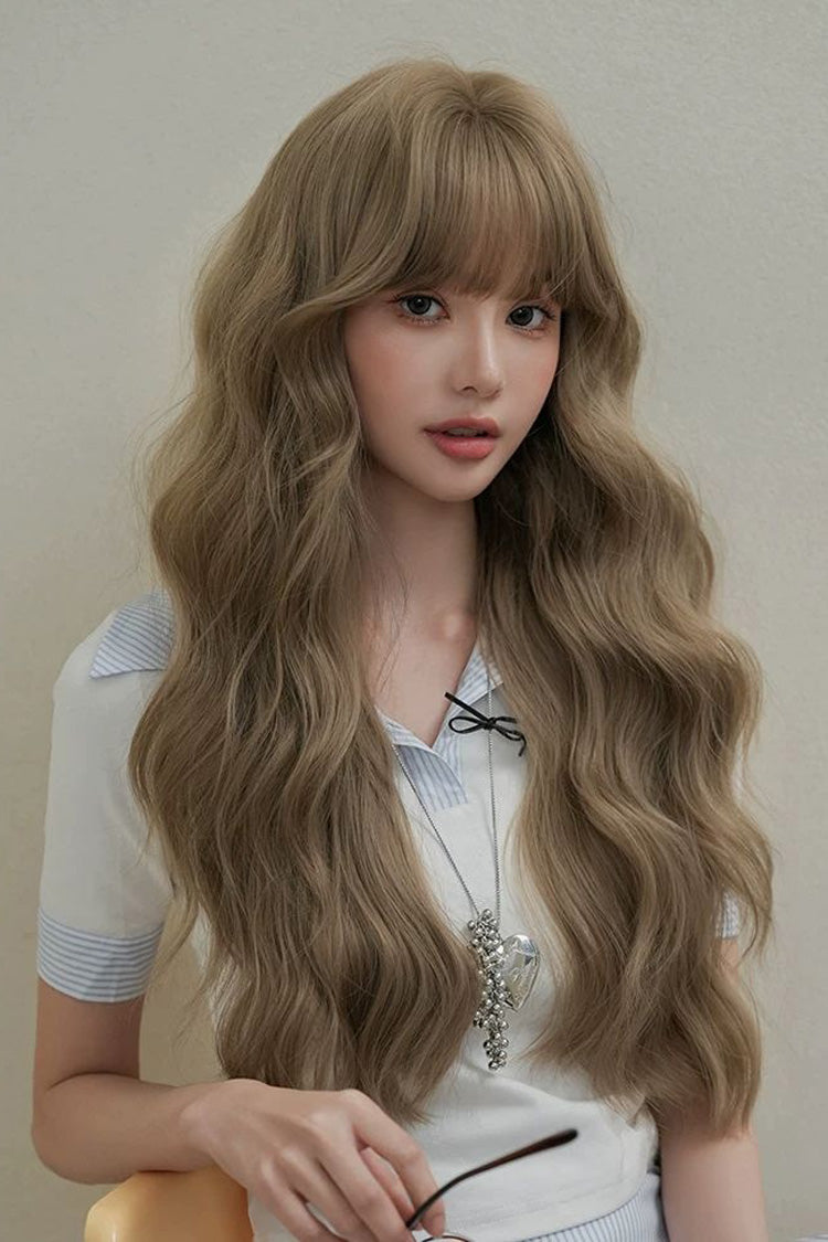 Milk Tea Brown Korean Style Fluffy Face-Framing Air Bangs Wavy Sweet Lolita Wig