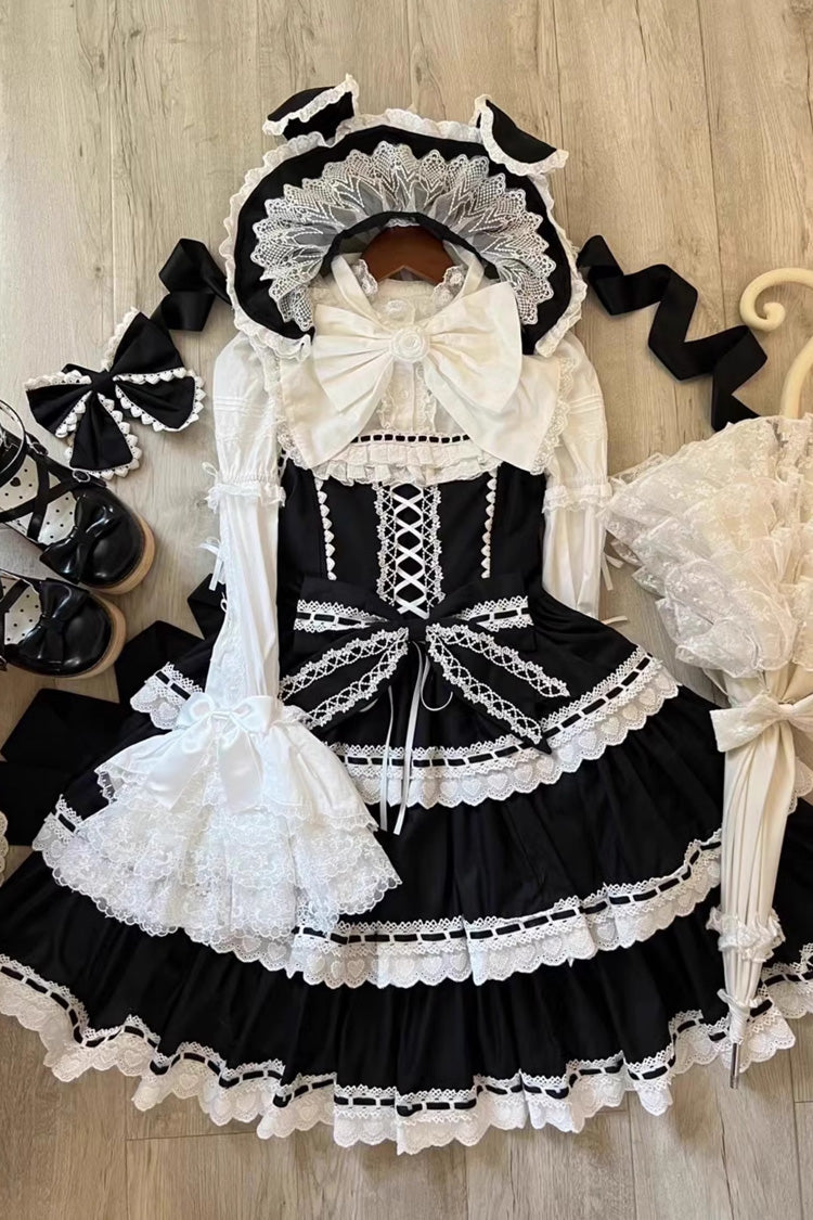 Schwarzes [Maiden Heart] dreilagiges Rüschen-Schleifen-Spitzen-Süßes-Lolita-Jsk-Kleid 