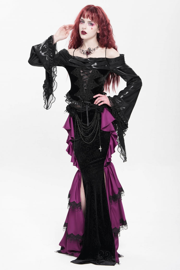 Purple Floral Print Lace-Up Rose Chain Women's Gothic Fishtail Skirt