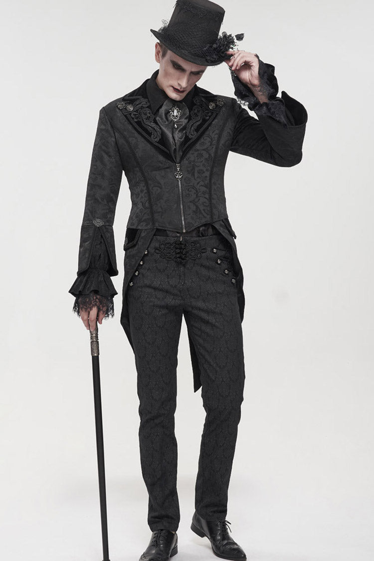 Black Gothic Embroidered Print Pattern Metal Pattern Buckle Decoration Trumpet Sleeve Men's Swallowtail Coat