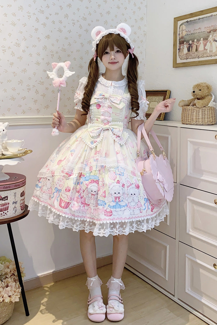 Robe Jsk Lolita Douce en Dentelle à Nœud Papillon à Volants Imprimée Jaune [Adorable Lapin Gâteau Sucré] 
