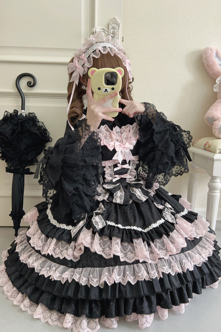 Black/Pink Multi-Layered Ruffle Bowknot Stitching Lace Sweet Lolita Jsk Dress