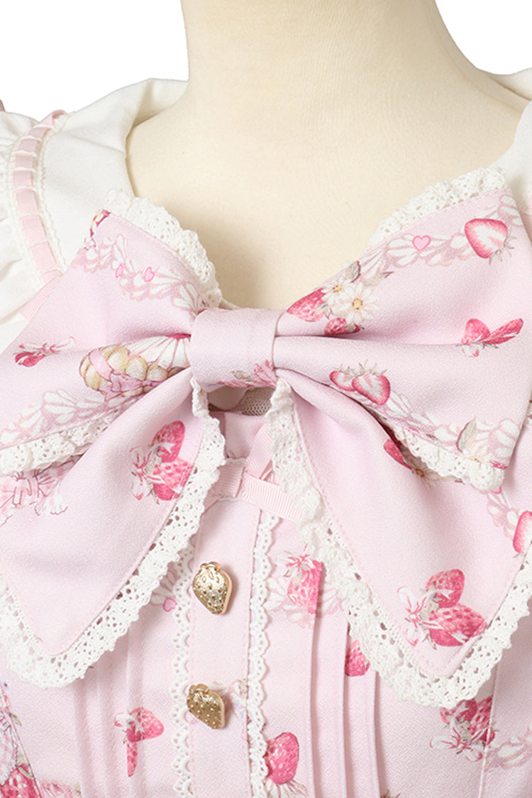 Pink [Creamy Berry] Print Short Puff Sleeves Ruffle Bowknot Lace-Up Sweet Jirai Kei Japanese Dress