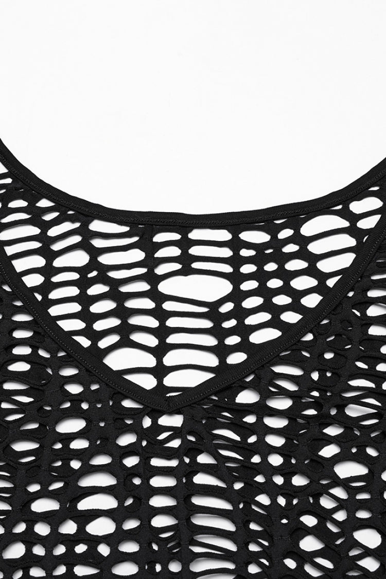 Black Long Sleeves Sheer Mesh Ripped Women's Punk T-Shirt