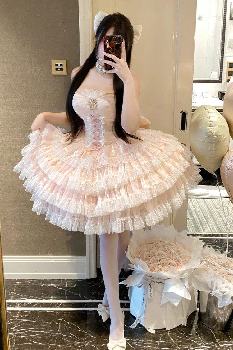Pink [Heartbeat at First Sight] Off Shoulder Sleeveless Multi-Layered Ruffle Bowknot Lace Lace-Up Sweet Princess Gorgeous Lolita Dress