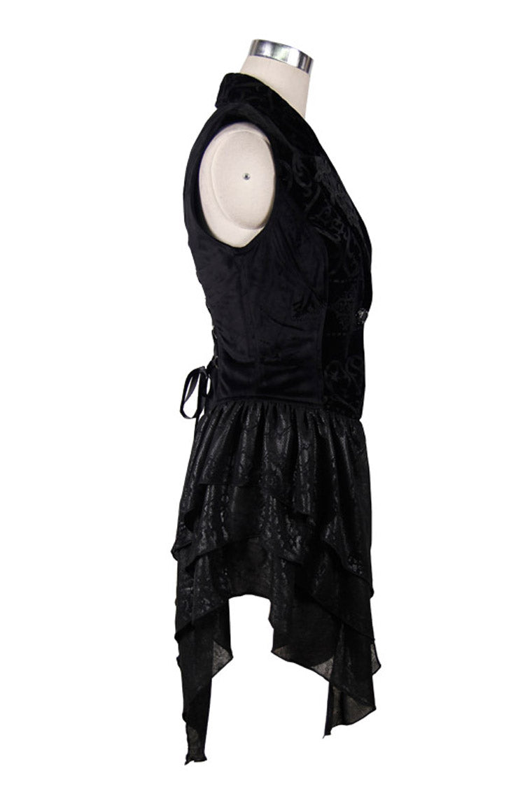 Black Spun Velvet Chinese Frog Button Floral Spiral Pattern Asymmetrical Hem Lace Up Women's Gothic Waistcoat