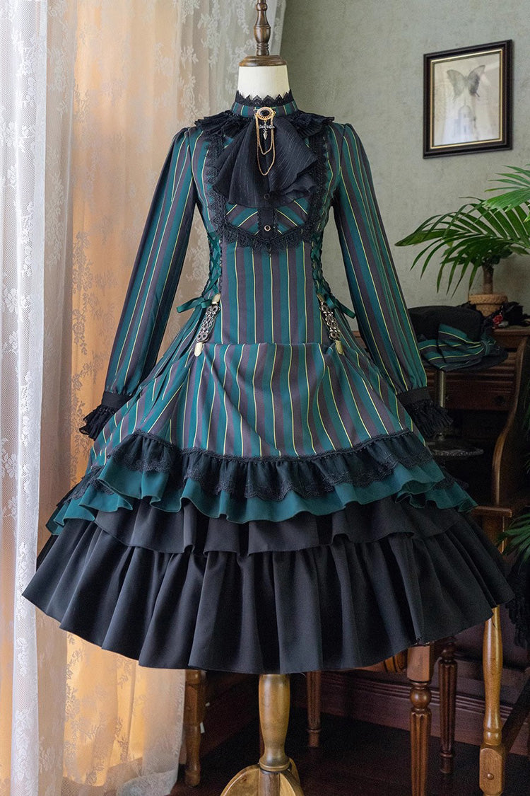 Point Manor Stand Collar Long Sleeves Multi-layer Striped Print Ruffle Gothic Lolita Dress 4 Colors