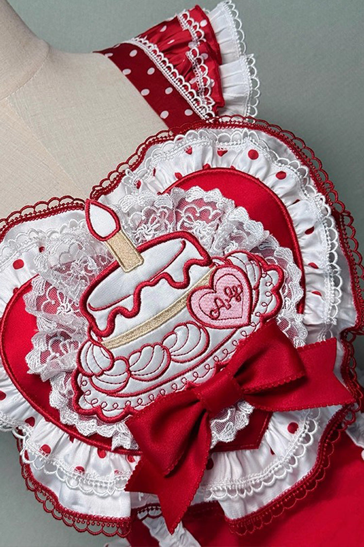 Red/White [Twin Bears] Birthday Cake Sleeveless Print Ruffle Bowknot Lace Sweet Lolita Big Flower Bud Dress