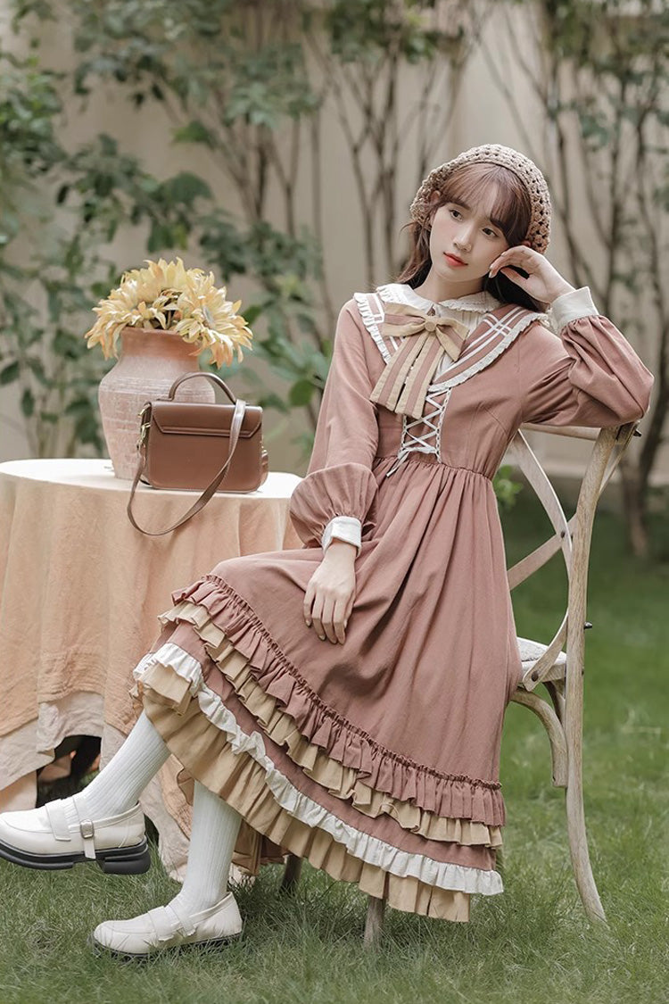 Brown Long Sleeves Multi-layer Ruffle Two Fake Pieces Sweet Lolita Dress