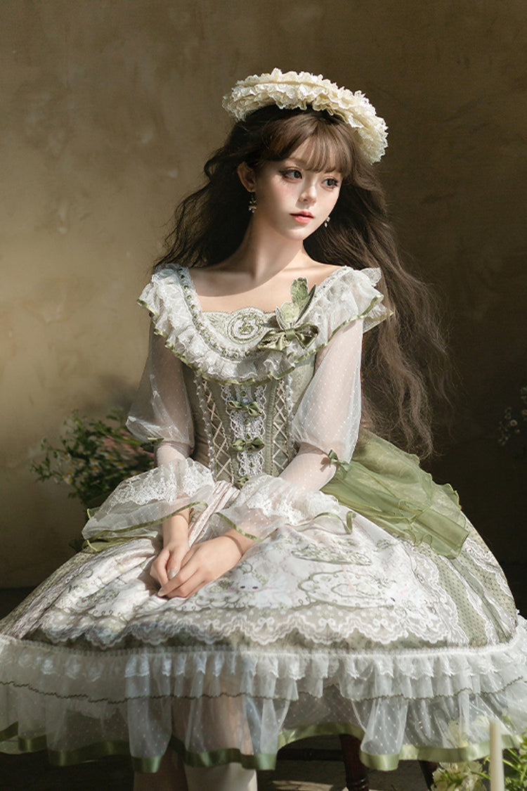 Green [Teacup Rabbit Little Fresh] Print Ruffle Bowknot Lace Lace-Up Sweet Lolita Jsk Dress