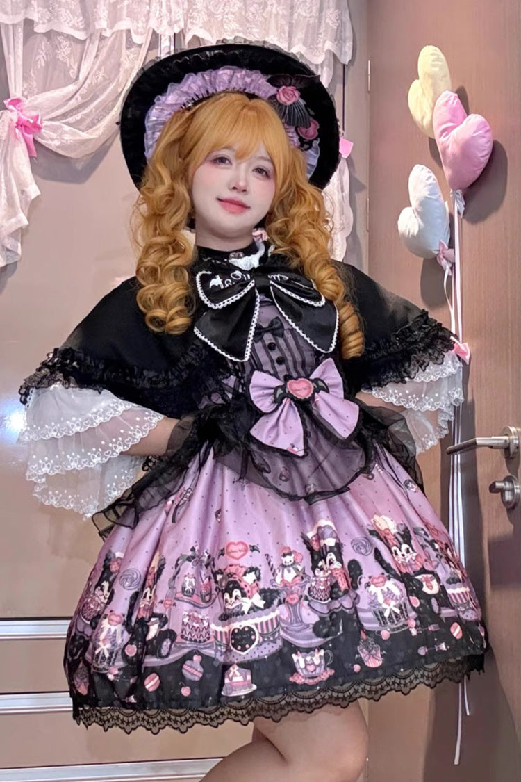Purple [Devil Cat] Print Ruffle Bowknot Lace Gothic Lolita Jsk Dress (Plus Size Support)
