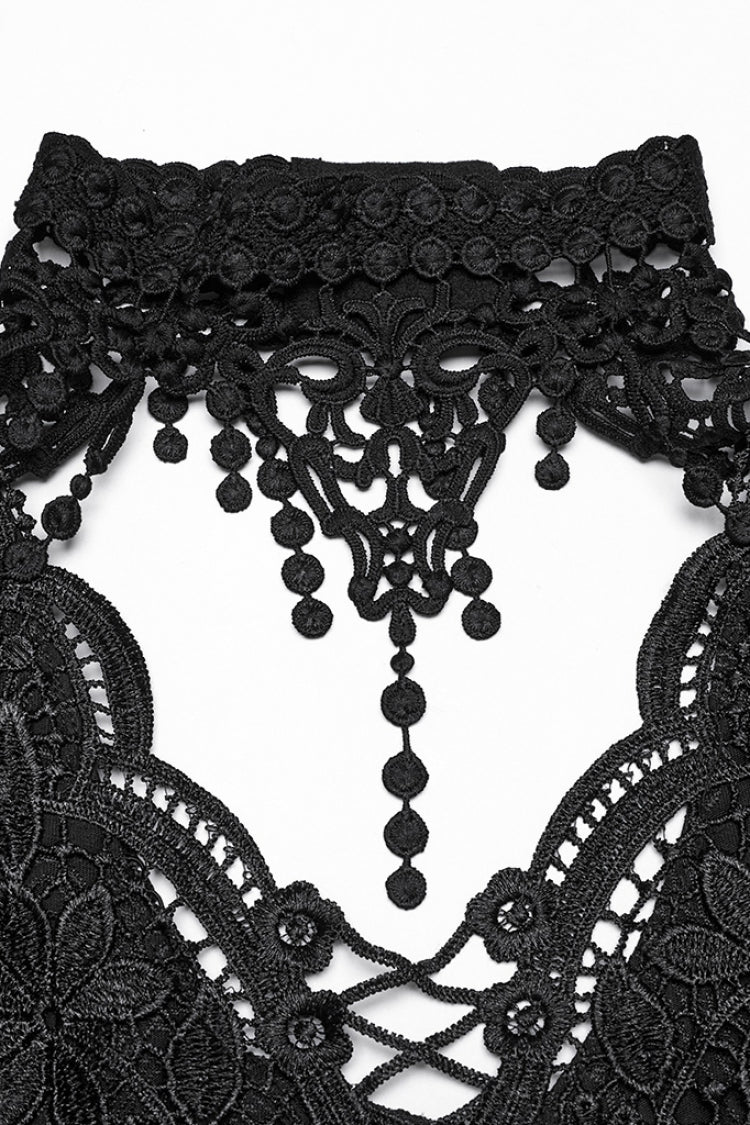 ブラックVカラー刺繍レースアップウィメンズゴシックブラウス 