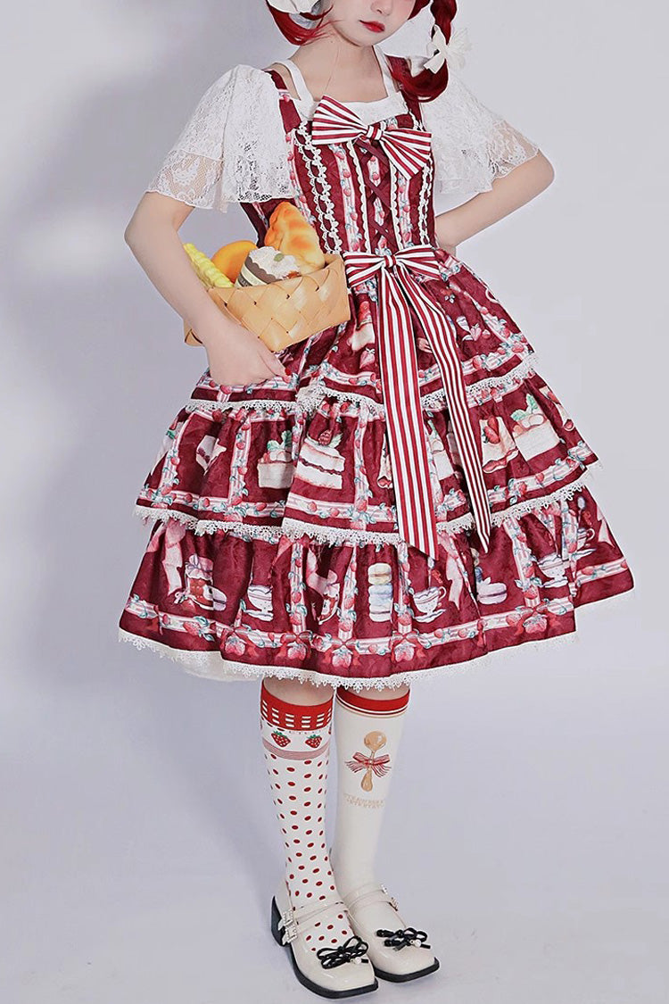 Strawberry Afternoon Tea Cake Ice Cream Print Bowknot Sleeveless Sweet Lolita Tiered Dress 3 Colors