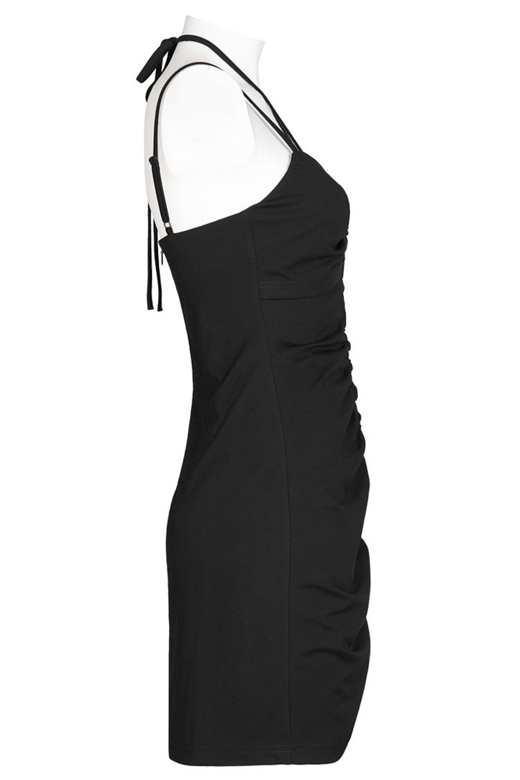 Black Knitted Stretch Hollow-Carved Design Drawstring Bodycon Shoulder Strap Halter Neck Women's Punk Dress