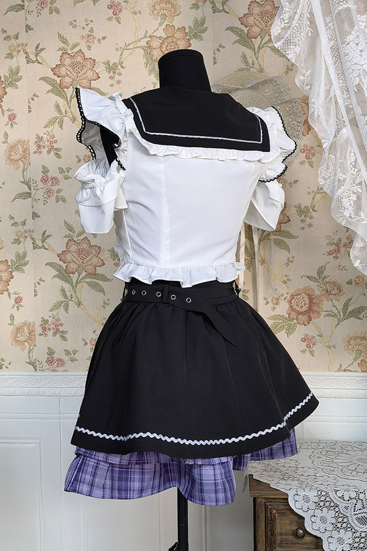 Black/White Short Sleeves Print Bowknot Sweet Jirai Kei Skirt Set
