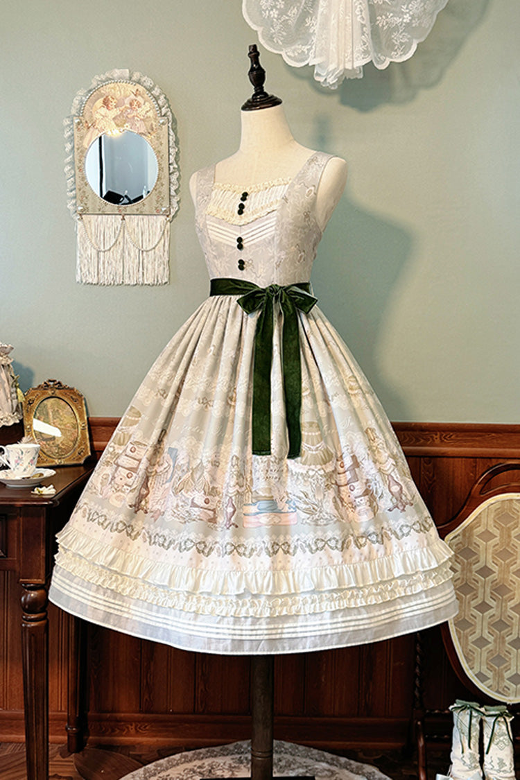 [Iris Study] V-Kragen Ärmellos Print Schleife Spitze Süßes Lolita Pullover Kleid 2 Farben