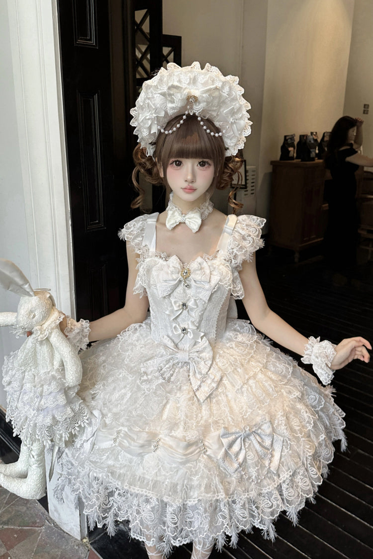 白い[Cloudborne Snowfeather] ノースリーブ マルチレイヤー 花嫁 ボウノット パール ゴシック ロリータ ジャンパースカート ドレス 