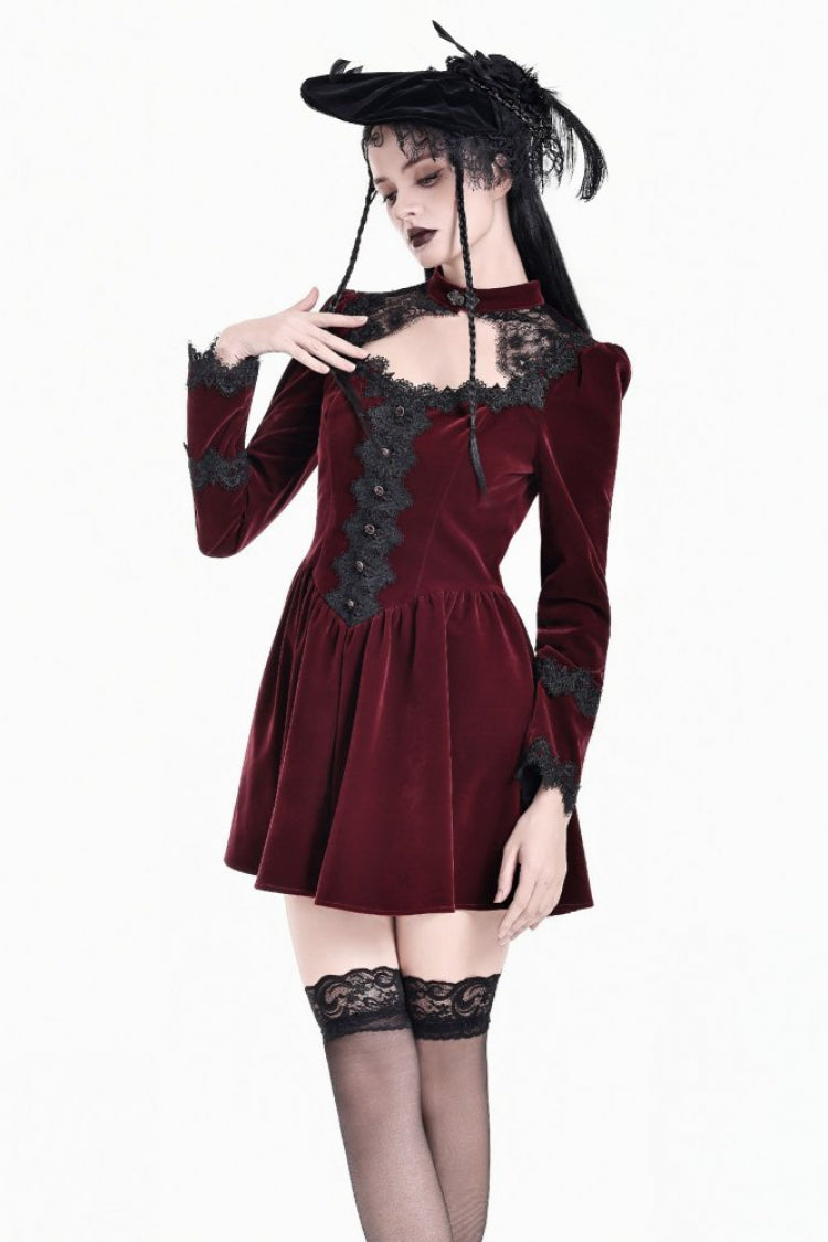Burgundy Stand Collar Long Puff Sleeves Lace Trim Cutout Women's Gothic Victorian Velvet Short Dress
