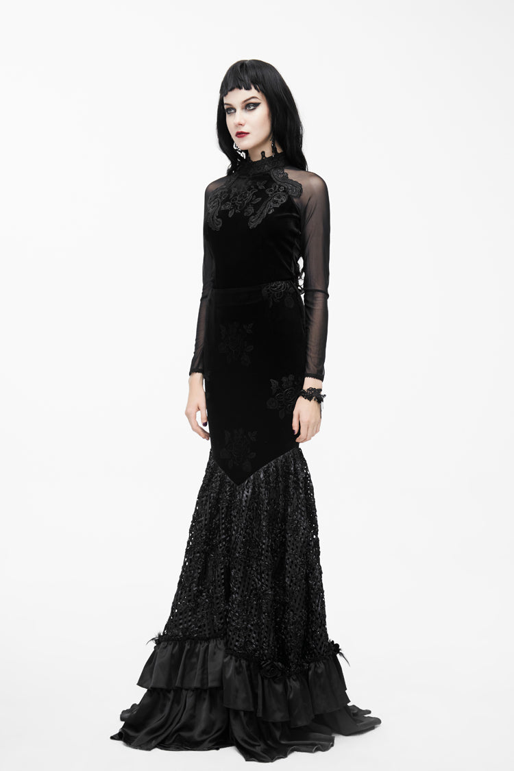 Black High Collar Front Chest Rose Decals Mesh Long Sleeve Rose Embossed Velvet Women's Gothic T-Shirt