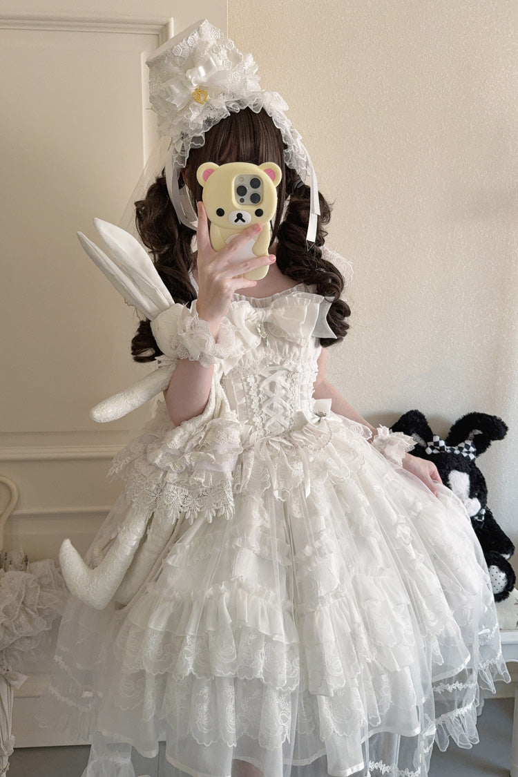White [Eternal Vow] Sleeveless Multi-Layered Ruffle Hanayome Bowknot Lace Lace-Up Sweet Lolita Jsk Dress