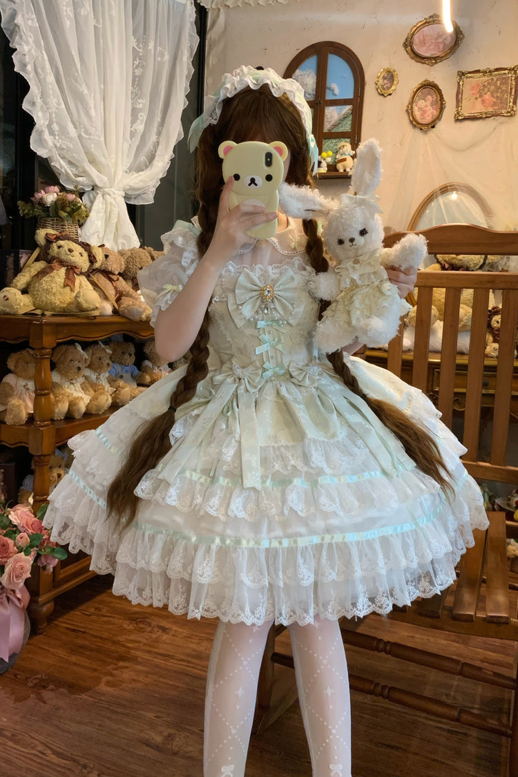 Green [Snow Kissed Romance] Sleeveless High Waisted Multi-Layered Bowknot Lace Pearl Sweet Ballet Lolita Jsk Dress
