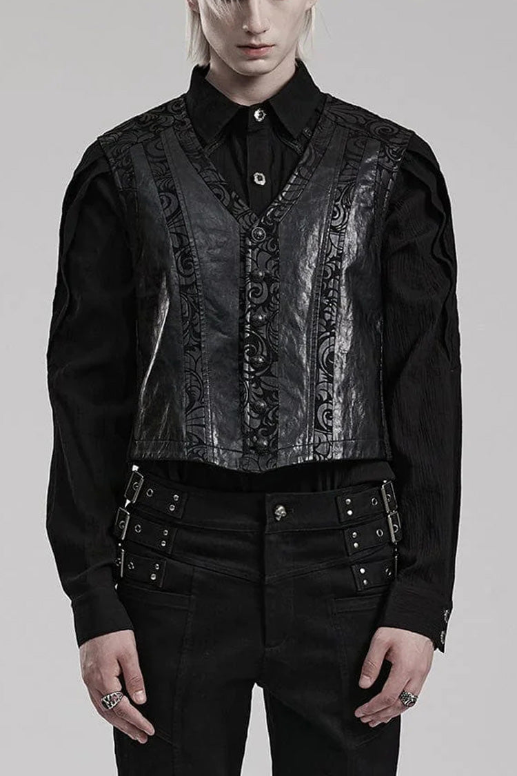 Black V Collar Sleeveless Exquisitely Carved Floral Print Faux Leather Mens Gothic Vest