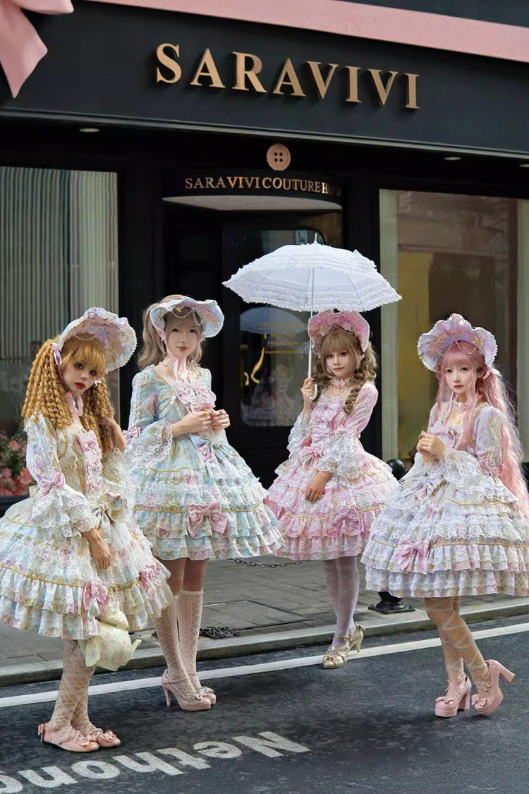 Pink [Candlelight Elegance] Long Trumpet Sleeves Multi-Layered Ruffle Bowknot Lace Sweet Elegant Lolita Dress