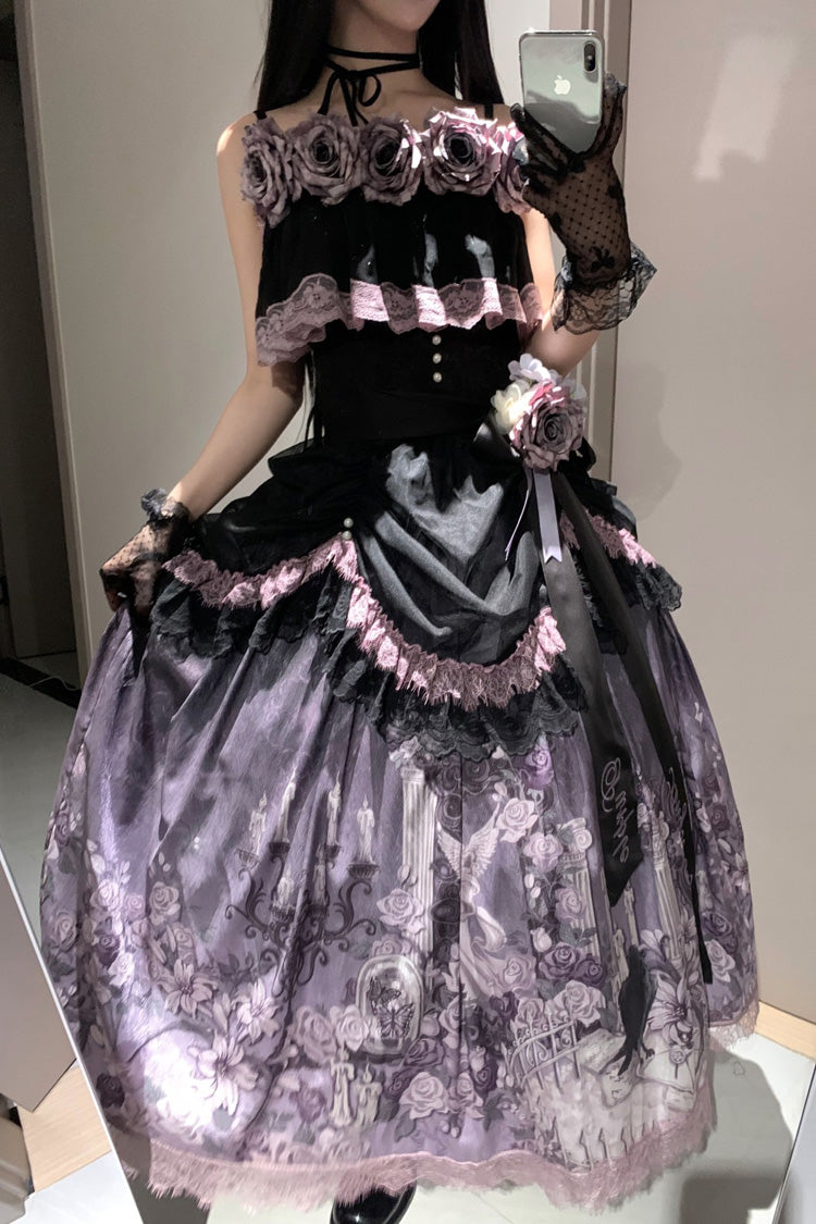 Black/Purple [Angel Garden] Sleeveless Print Ruffle Bowknot Lace Sweet Gothic Lolita Skirt Set