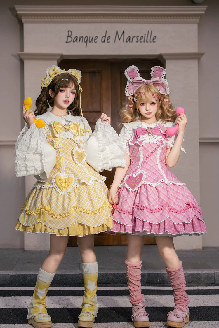 Jaune [Bonbon À La Crème Gâteau Aux Fraises] Multicouche Imprimé À Volants Arc Grande Taille Douce Princesse Lolita Robe 2 Versions