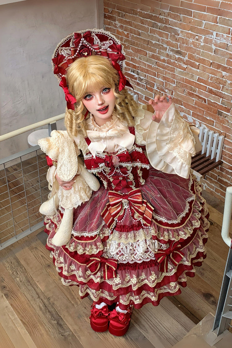 Red [Crown of Gems] Triple-Layered Ruffle Bowknot Lace Sweet Gorgeous Lolita Jsk Dress