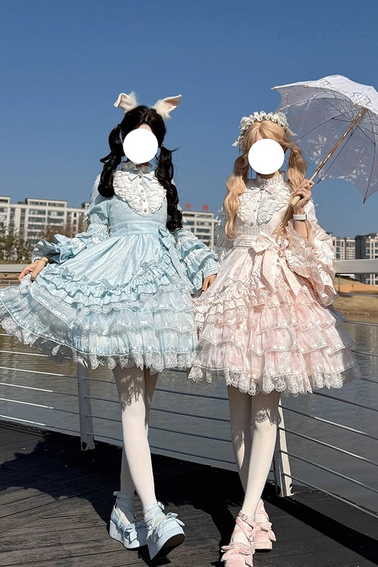 Pink [The Soloist Doll] Long Hime Sleeves Multi-Layered Print Ruffle Bowknot Asymmetric Sweet Lolita Dress