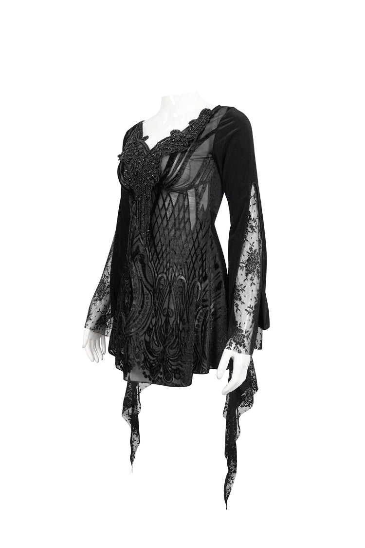 Schwarzes Gothic-T-Shirt für Damen mit V-Ausschnitt, Perlenbesatz, Spitze, ausgestellten Bündchen, floralem Muster und bedeckter Hüfte, langen Ärmeln