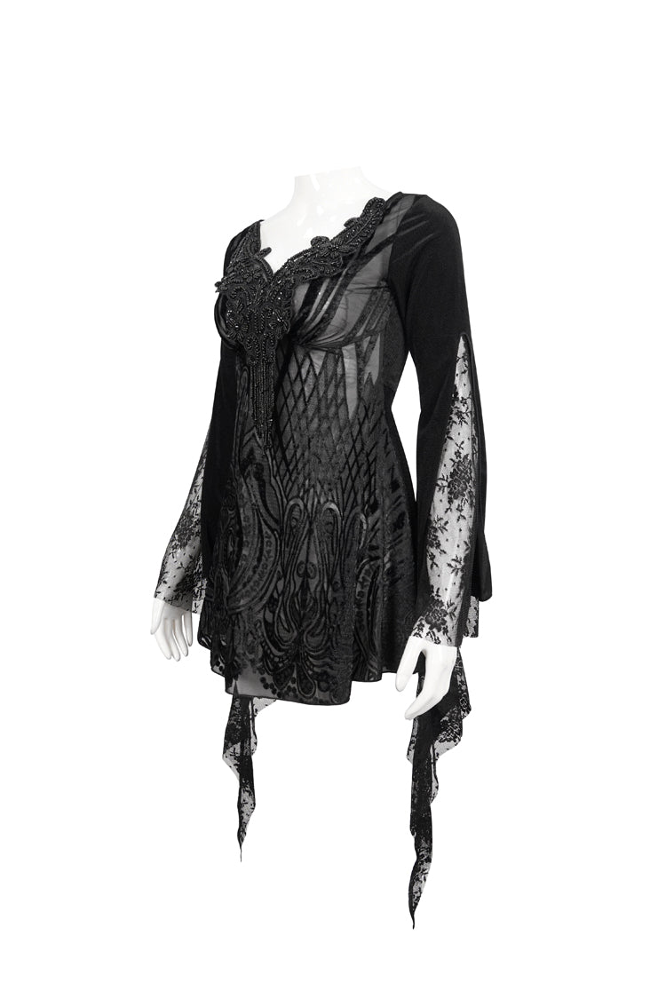 Black V-Neck Appliqu???????????????????¡ì?????????| Beading Lace Flared Cuffs Floral Hip Covered Long Sleeves Women's Gothic T-Shirt