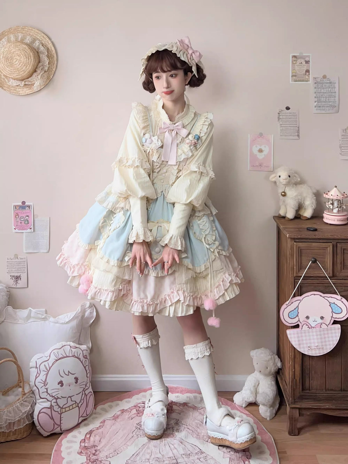 Multi-Color [Mianmian Macaron] Sleeveless Multi-Layered Ruffle Bowknot Lace Sweet Lolita Jsk Dress (Short Version)