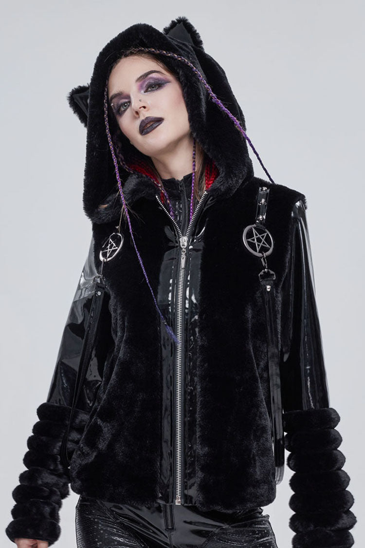 ブラックパンクカフプリーツデザインメタル五芒星形ベルト装飾猫耳レディースコート