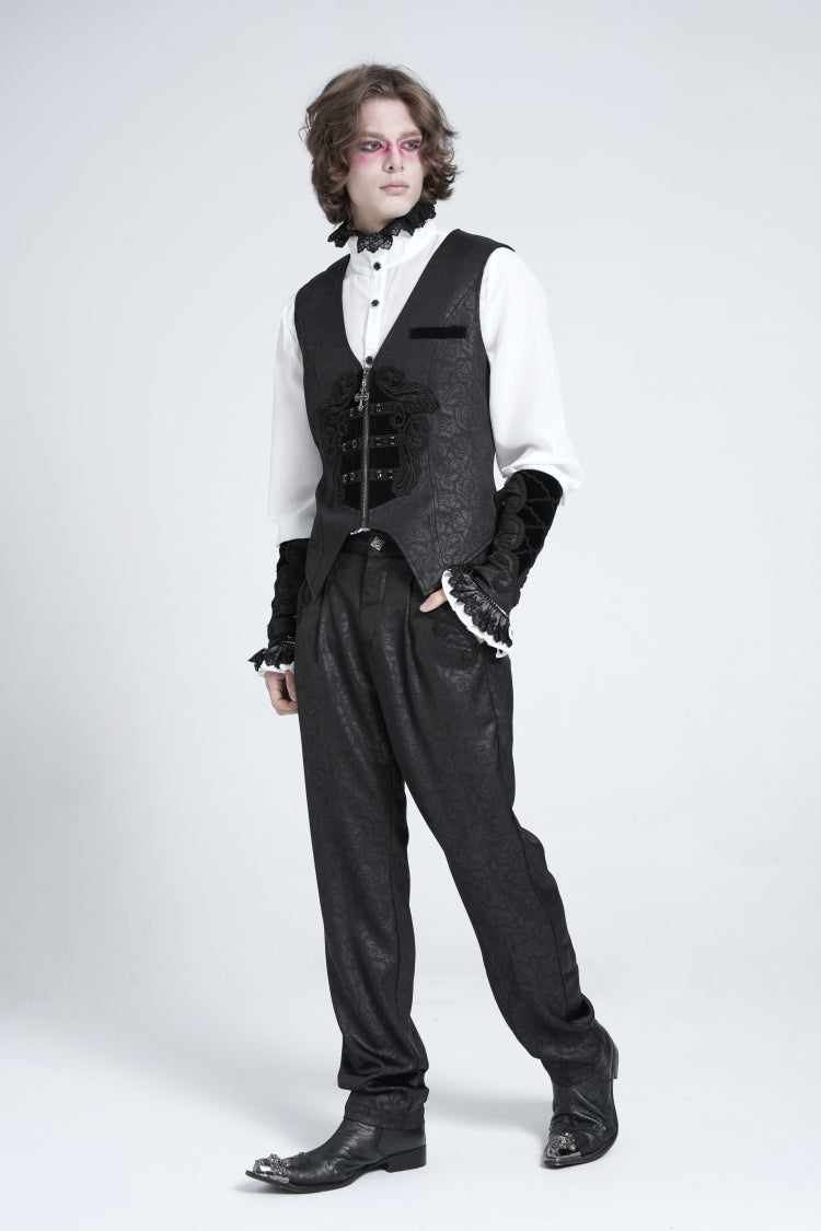 Black Sleeveless Floral Embroidery Stitching Velvet Men's Gothic Vest