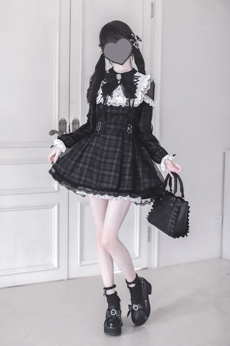 Black [Angel Heartbeat] Long Sleeves Plaid Print Ruffle Bowknot Lace Sweet Jirai Kei Japanese Dress
