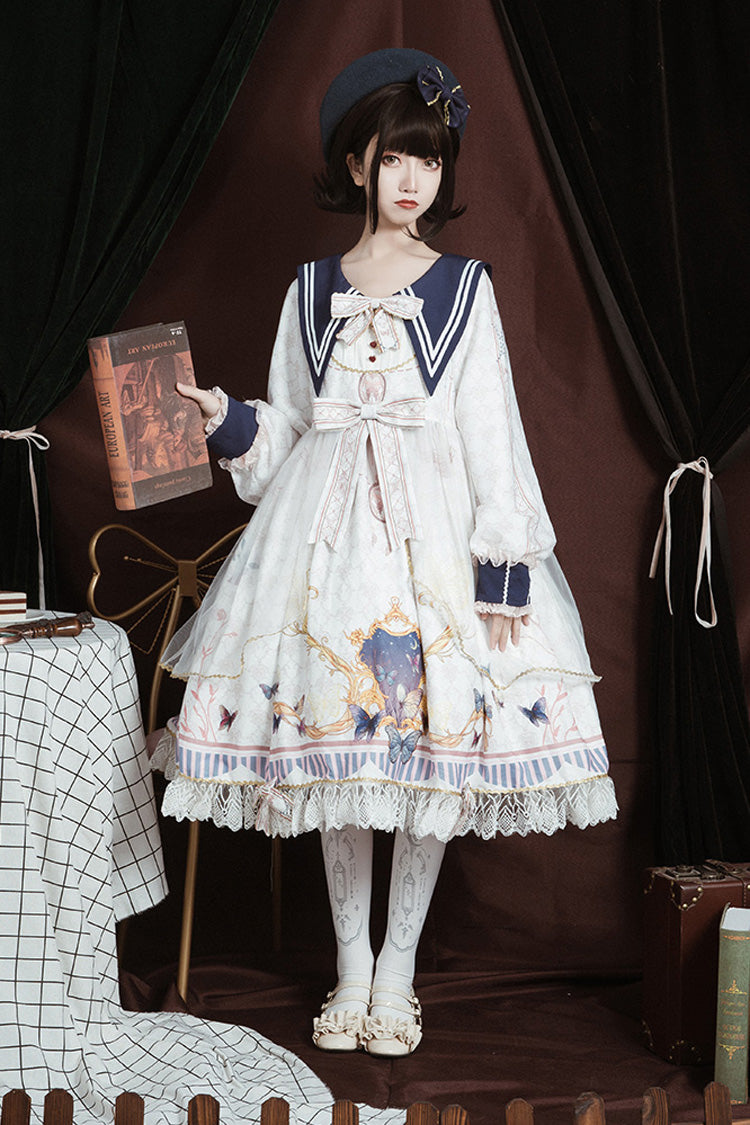 White Navy Collar Long Sleeves Butterfly Print Ruffle Bowknot Sweet Elegant Princess Lolita Dress