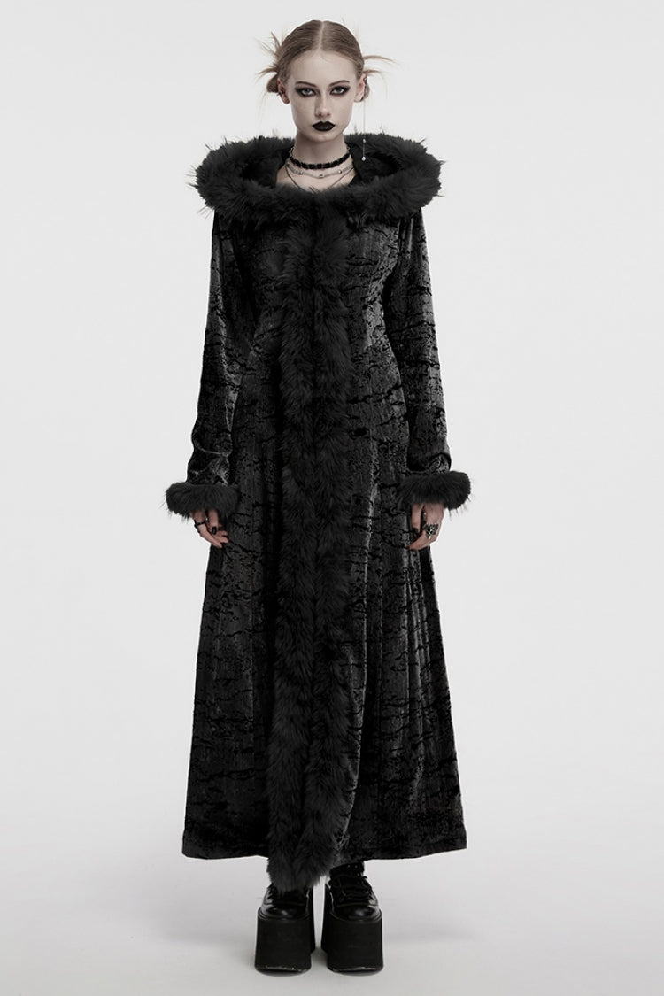 Black Long Sleeves Faux Fur Stitching Lace-Up Hooded Women's Gothic Coat