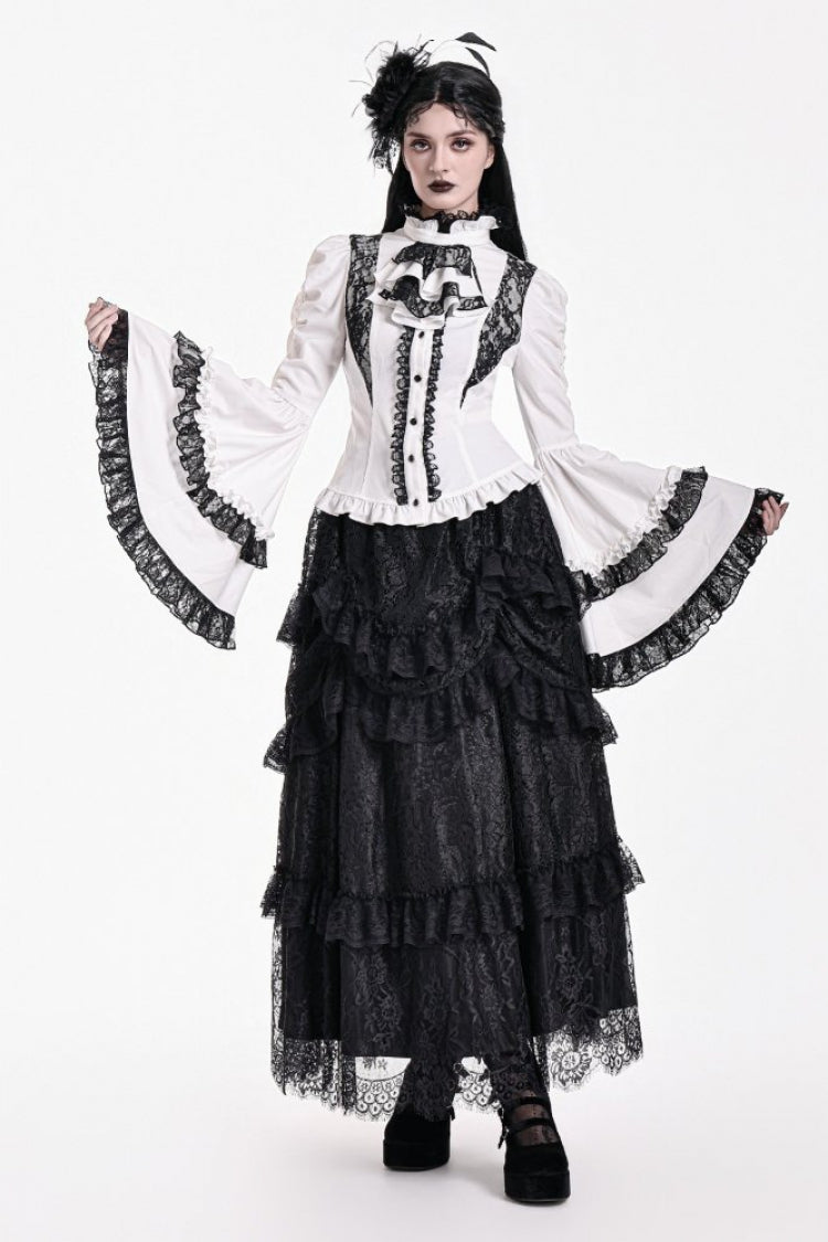 Black Multi-Layered Ruffled Floral Lace Women's Gothic Maxi Skirt