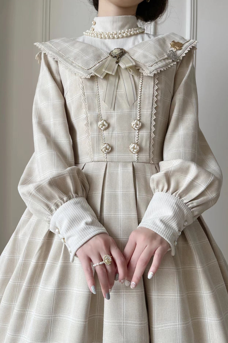 Aprikose [Fontainebleau] Langärmliges, kariertes Schleifenmuster, elegantes, süßes Lolita-Kleid