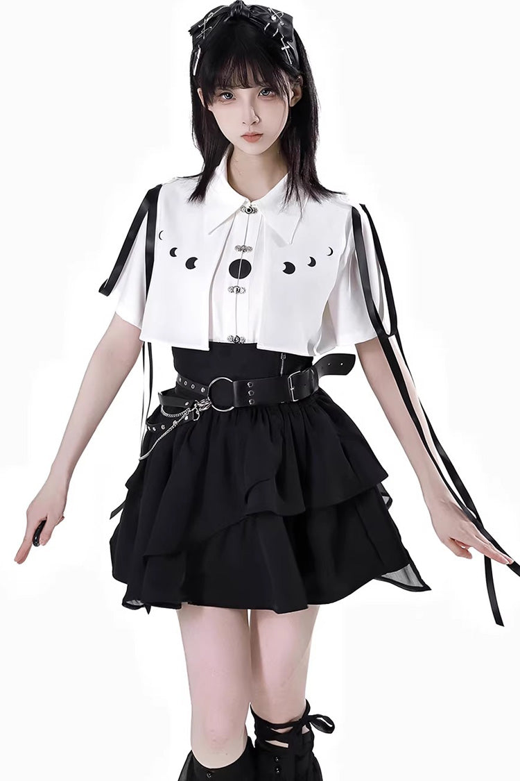 ホワイト/ブラック 【月光が流れる】長袖 半袖 フリル アシンメトリー ゴシック ジライ系 ドレス or スカート セット