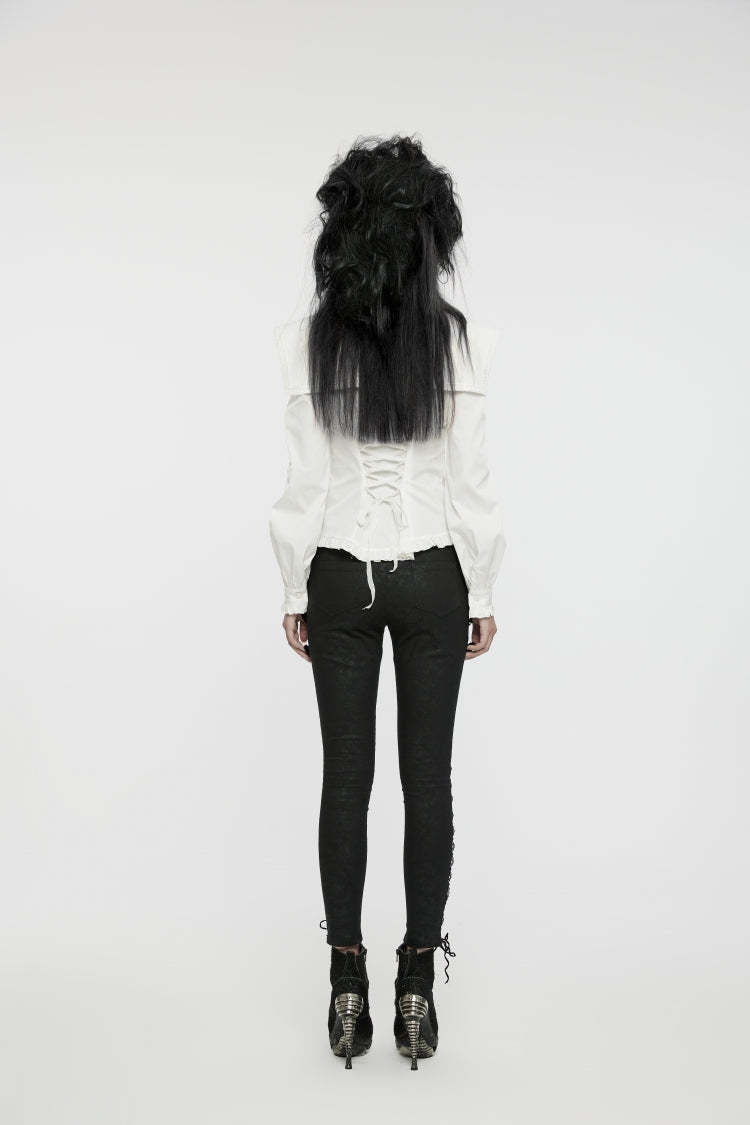 Weiße Gothic-Bluse mit Stehkragen, Rüschen und Schnürung für Damen
