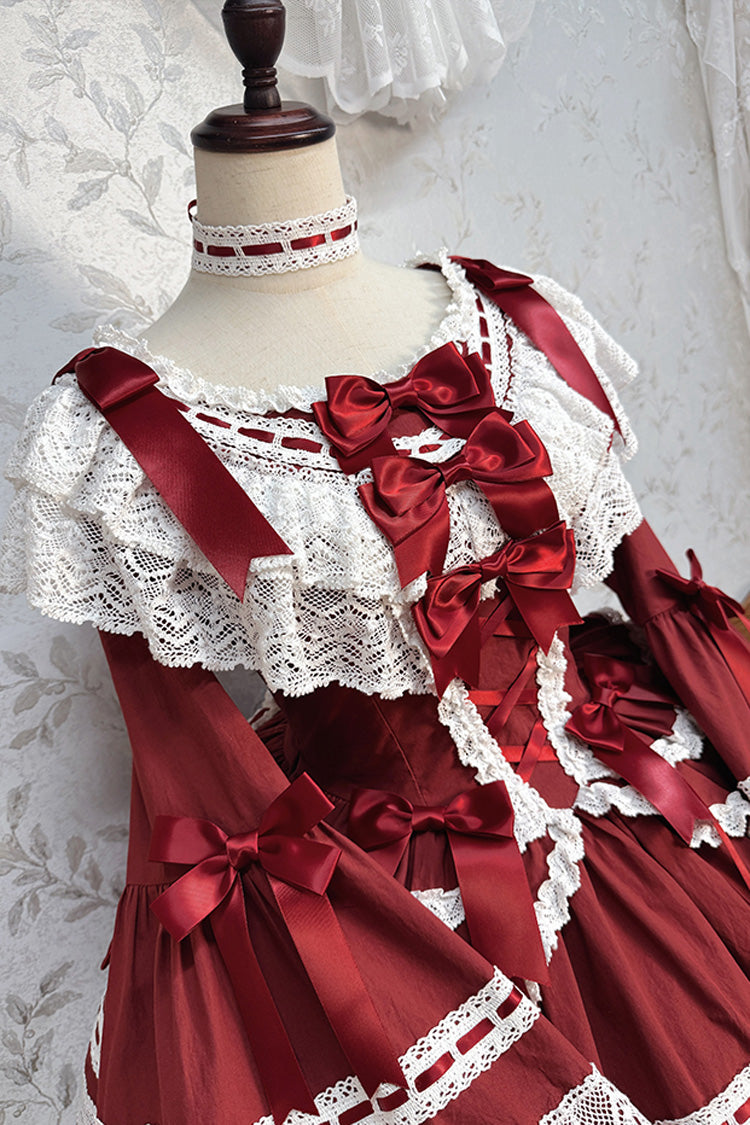 Wine Red [Rabbit Sleeping Doll] Long Trumpet Sleeves Ruffle Bowknot Lace Sweet Lolita Dress