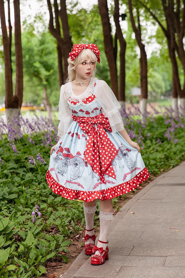 Cat Head Mushroom Print Ruffle Bowknot Sweet Lolita Dress 2 Colors