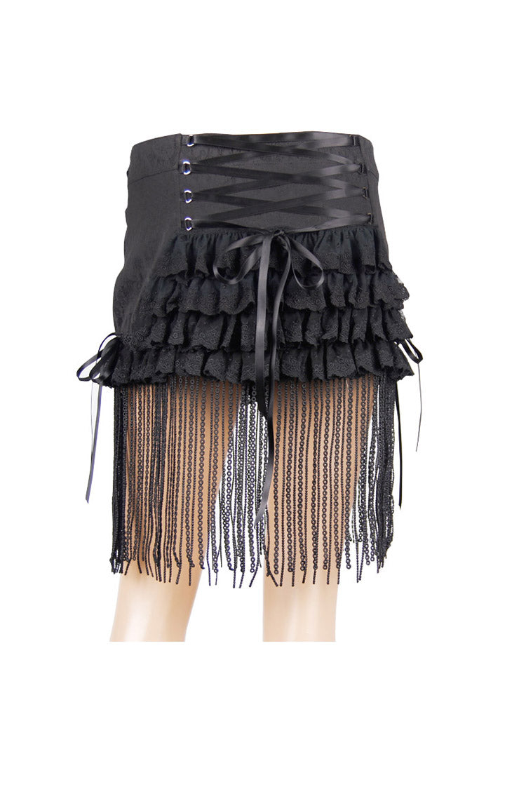 Black Jacquard Lace Tassel Hem Back Waist Lace Up Short Women's Gothic Skirt