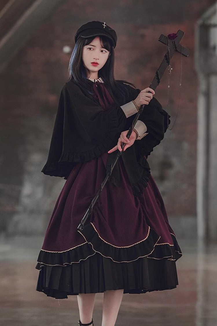 Purple/Black Trainee Magician Fake Two Piece Long Sleeves Ruffle Pleated Gothic Lolita Dress