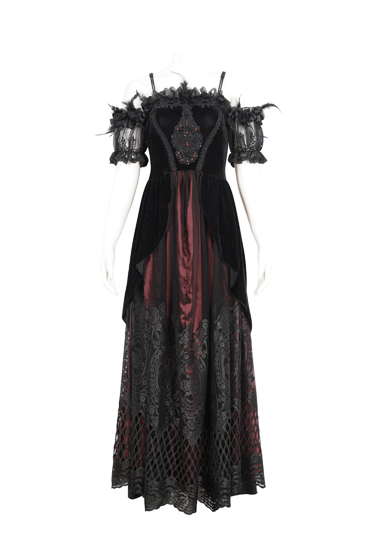 Red Off Shoulder High Waisted Print Lace Women's Gothic Dress